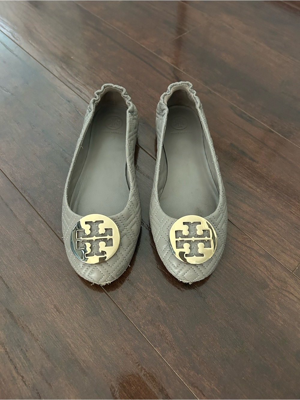 Tory Burch Gray Quilted Reva Ballet Flats